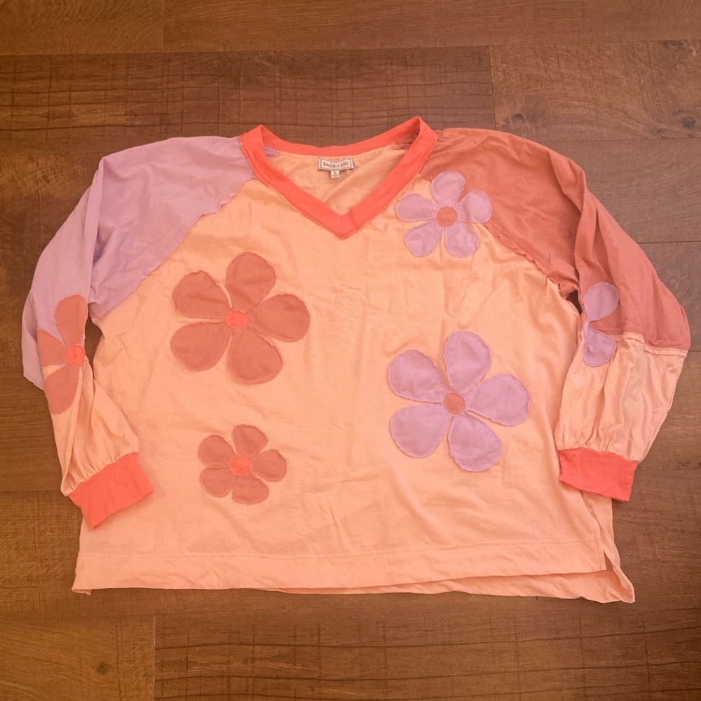 Sage + Fig Floral Appliqué Patch Long Sleeve Color Block Pastel Boho Women’s L